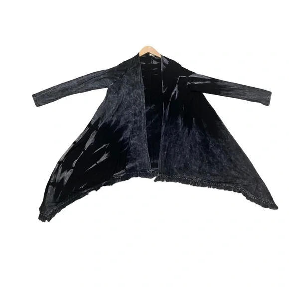 American Age Open Front Boho Fringe Acid Wash Black Tie Dye Cardigan Sz Small - Picture 10 of 16